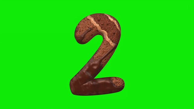 Chocolate cake shaped number animation on a green screen background.