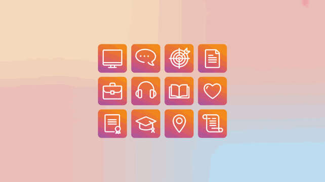Set of 12 essential flat design icons with colorful gradient backgrounds for web and apps.
