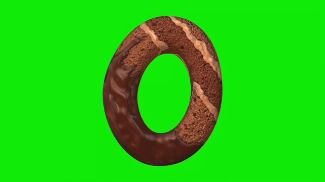 Chocolate cake shaped number animation on a green screen background.