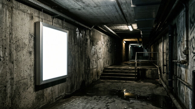 Empty Billboard in Dark Corridor: A blank, illuminated billboard hangs on a rough concrete wall in a dimly lit, gritty corridor, with stairs leading into darkness.