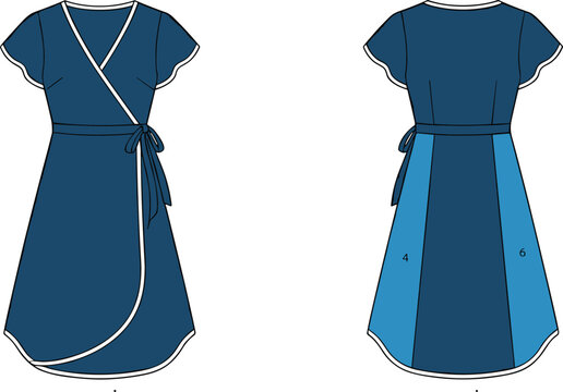 Elegant blue wrap dress fashion flat sketch template featuring short flutter sleeves and tie belt