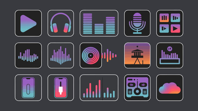 Set of audio and sound production icons for digital interface featuring waveforms and studio gear.