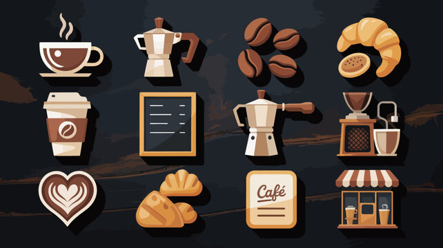 Coffee shop icon collection featuring flat designs of espresso machines and pastries on wood board.