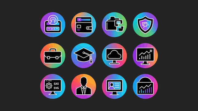Business technology and finance icons set featuring graduation cap cloud analytics and saas symbols.