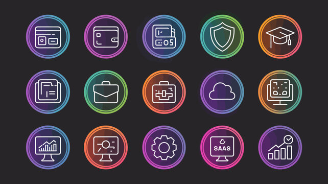 Modern outline icons for business and software as a service on colorful circular gradient backgrounds.