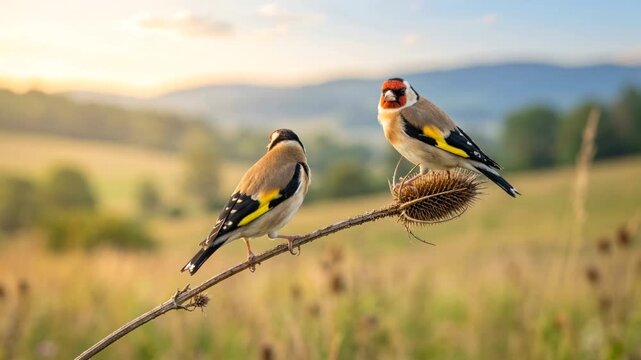 two european goldfinch close up in sicilian countryside morning light video