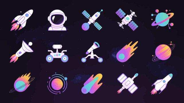 Space exploration flat icons collection with rockets astronauts satellites and planets in galaxy.