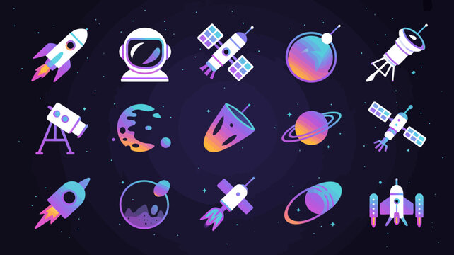 Astro science icons collection with spacecraft planets and satellites on stylized deep space backdrop.