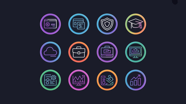 Gradient line icon set for business, finance, education, and technology on dark background.