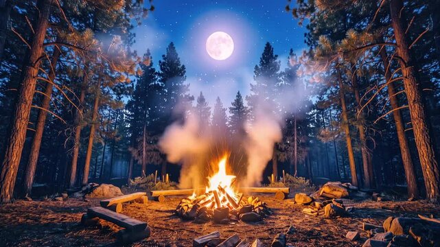 Cozy campfire in a pine forest under a full moon at night 4k video