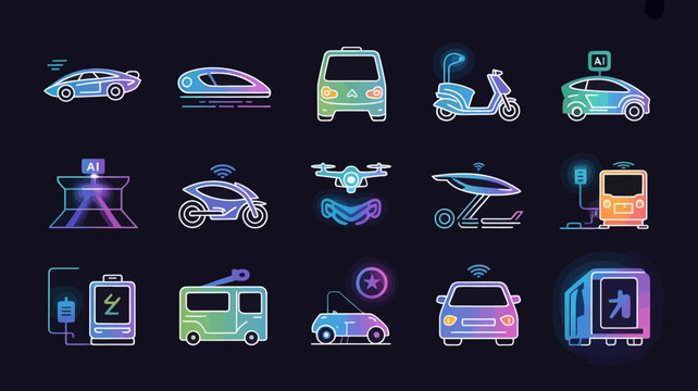 Set of modern colorful smart transportation icons with AI and electric vehicle concepts.
