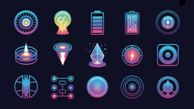 Set of abstract futuristic icons representing technology and science with colorful gradients.