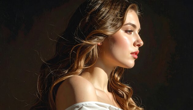 Portrait of a woman with long wavy hair, illuminated by sunlight. She wears a white off-shoulder top, posing in profile against a dark background