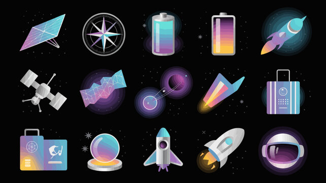 Set of modern space exploration icons for mobile apps and website projects with colorful gradient art.
