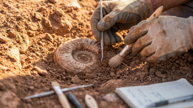 Paleontologist carefully excavating an ancient ammonite fossil from the ground using professional tools.