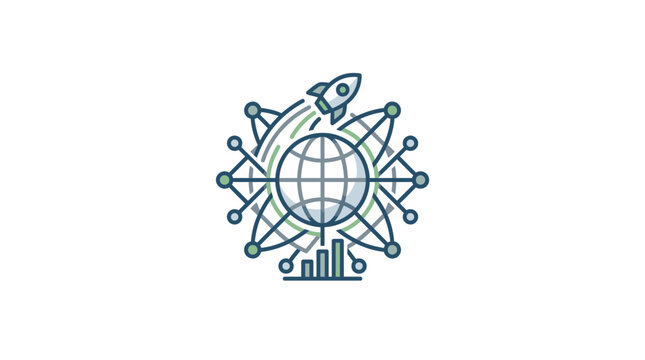 Global rocket launch and data analytics business growth icon.