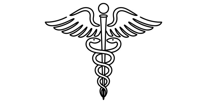 Caduceus medical symbol with two snakes and wings as a black line art icon