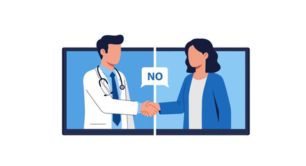 Fototapeta premium Telemedicine and Online Healthcare Consultation Concept with Doctor and Patient Shaking Hands Through Screen and No Speech Bubble