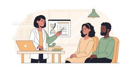 Fototapeta premium Genetic Counselor Explaining DNA Test Results to a Diverse Couple in a Medical Office, Flat Vector Illustration