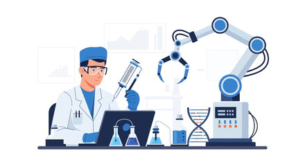 Fototapeta premium Scientist Working in High-Tech Laboratory with Robotic Arm, DNA Model, and Medical Equipment for Biotechnology Research and Automation