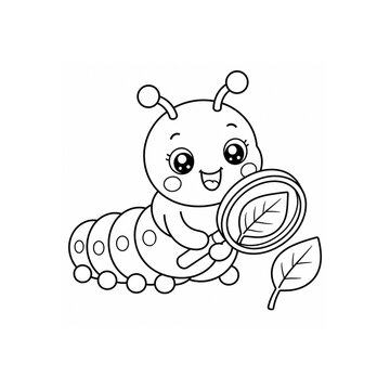 **Cute Kawaii Caterpillar Chef Coloring Page for Kids | Smiling Caterpillar Baking Star Cookies Printable Black and White Outline**
