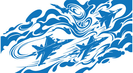Naklejka premium Vector illustration of military fighter jets flying through stylized blue clouds and smoke trails