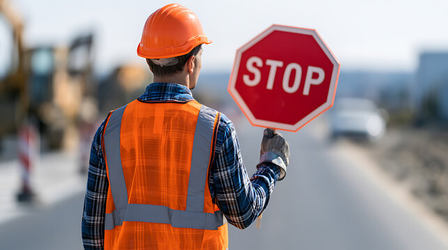Road worker, wearing protective hard hat and a high-visibility vest, holds a stop sign with his back to the camera, managing traffic at a construction site entrance