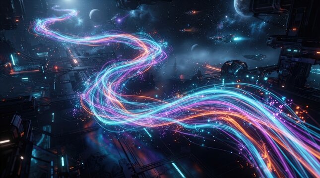 A vibrant stream of glowing neon light trails snakes through a dark and futuristic digital city landscape