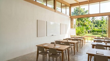 Fototapeta premium Modern classroom with open walls overlooking lush garden