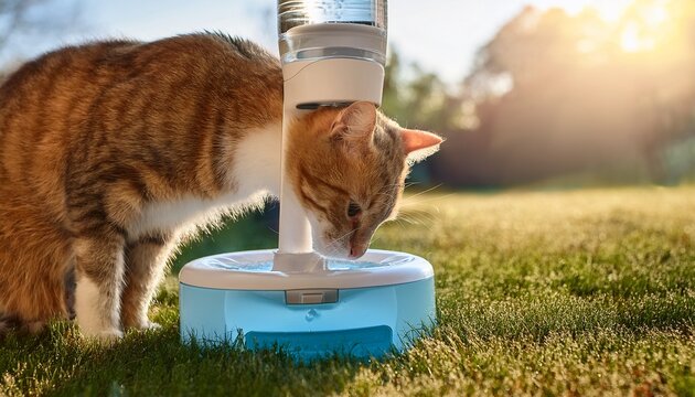cat drinking from automatic water dispenser fountain summer heat