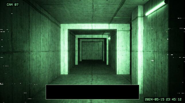 Surveillance Corridor: A chilling, empty corridor viewed through a grainy, green-tinged security camera feed, hinting at unseen presence and a sense of unease.