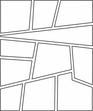 Blank comic book page template with irregular panels for manga storyboard creation, black and white line art layout for graphic design and creative storytelling projects