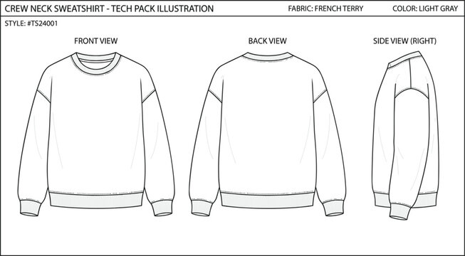 Crew neck sweatshirt fashion technical sketch tech pack template showing front back and side view for apparel manufacturing mockup
