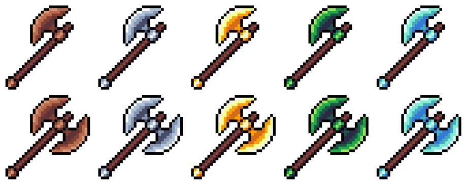 Set of pixel art battle axes and hatchets for 2D game UI. Retro 8-bit RPG weapon tier upgrade sprites.