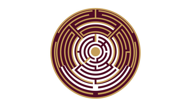 Round burgundy and gold maze pattern emblem.