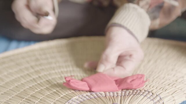 Hands Sewing Traditional Bon Odori Hat by Hand in Ugo Town Akita Prefe