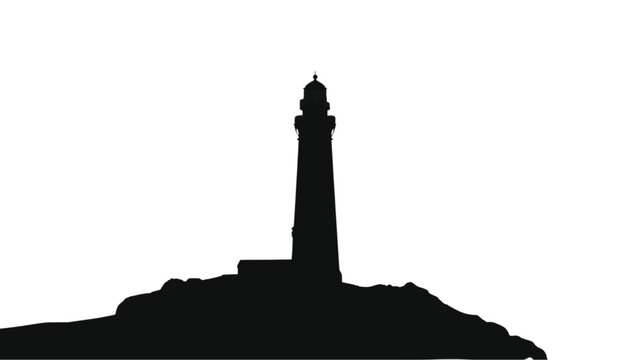 Lighthouse silhouette rises prominently from a rocky base against a clean white backdrop, serving as a symbolic beacon that works well in graphic compositions needing a coastal or maritime theme.