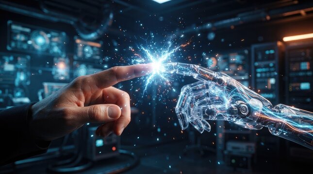 A human hand and a robotic hand reaching toward each other with a bright spark of digital energy