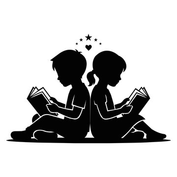 Boy and Girl Reading Books Silhouette Vector Icon for Education and Children Literature. Resizable and editable, EPS 10.