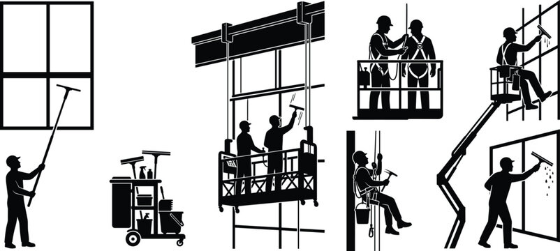 Professional window cleaning service vector silhouettes featuring high rise washers scaffolding squeegee equipment and safety harness set