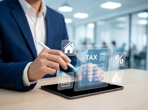 Business professional using a digital pen on a tax document holographic interface. Concept for financial and.