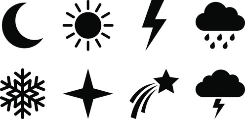 Weather and night sky black silhouette icons set featuring moon sun lightning rain cloud snowflake and shooting star © Mehedi