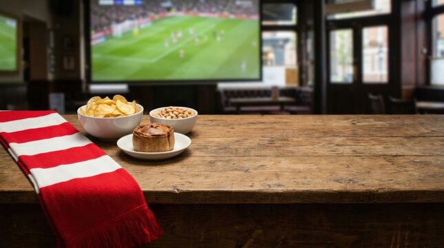 Pub table set with snacks and football scarf in front of big screen sports match