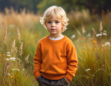 Portrait of a young child with blonde hair wearing an orange sweater, standing in a field of tall grass and wildflowers