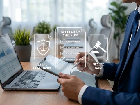 Business professional holding a tablet displaying a regulatory compliance and audit checklist. Corporate law and data.