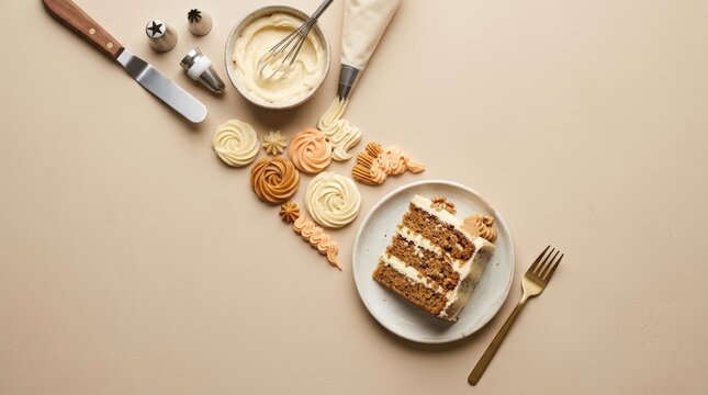 Cake decorating tools and frosting swirls arranged diagonally with slice of layered cake