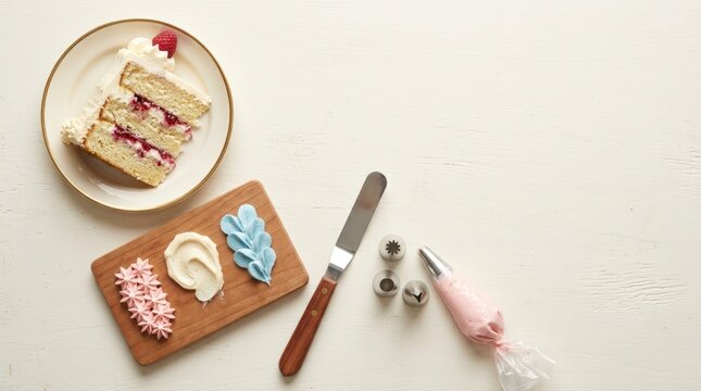 Handmade cake slice with piping tools and colorful frosting on white table