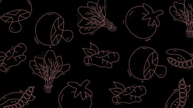 Doodle vegetable pattern with spinach and mushroom outlines. Suitable for cookbooks, packaging design, menus, or healthy lifestyle content.
