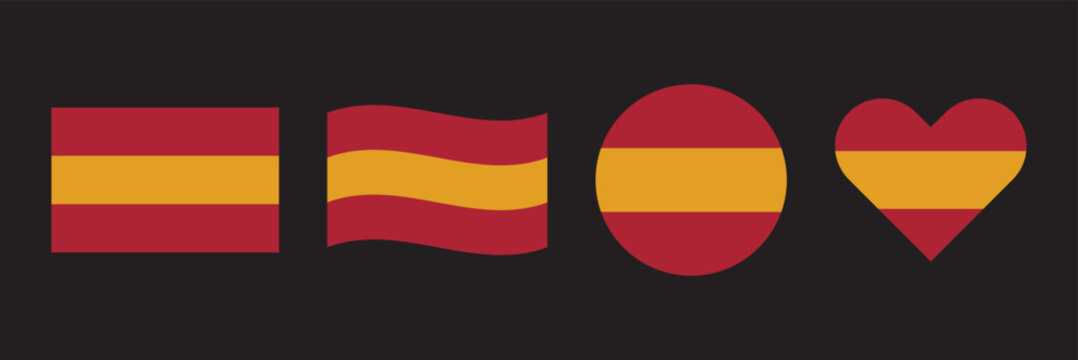 Spain flag Spain National Flag Icon Collection with Rectangle Rounded Waving Circle Heart Map Pin Shield Flagpole and Ribbon Shapes Vector Illustration. Spain national flag vector template 