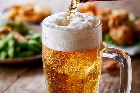 冷えたビールが泡立ちながらジョッキへ注がれる爽快感